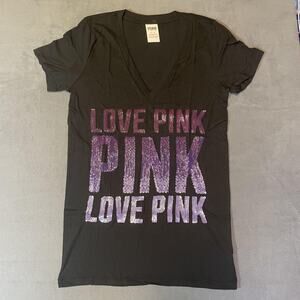 PINK Victoria's Secret Shirt Womens Medium Black Sequin Love Pink Tee V Neck
